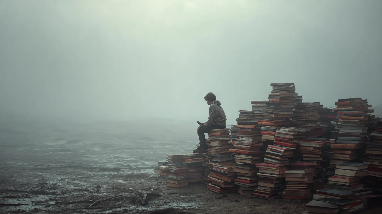 Boy on Books in Fog